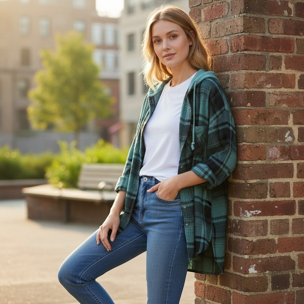 Ardene Hooded Flannel Shirt Plaid Button Up Long Sleeve Top S/P